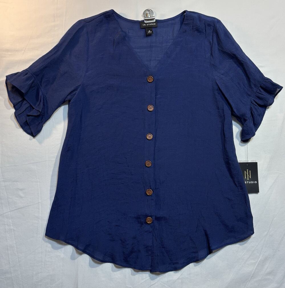 I.N. Studio Women’s Medium Blue Button Front V-Neck Ruffle Sleeve Blouse NWT